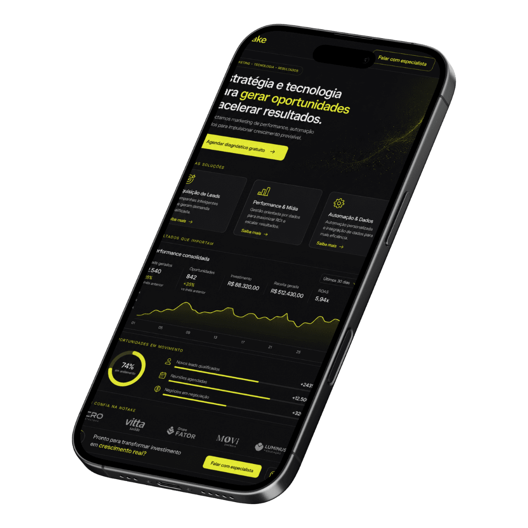 Site da Notake Marketing em um iPhone